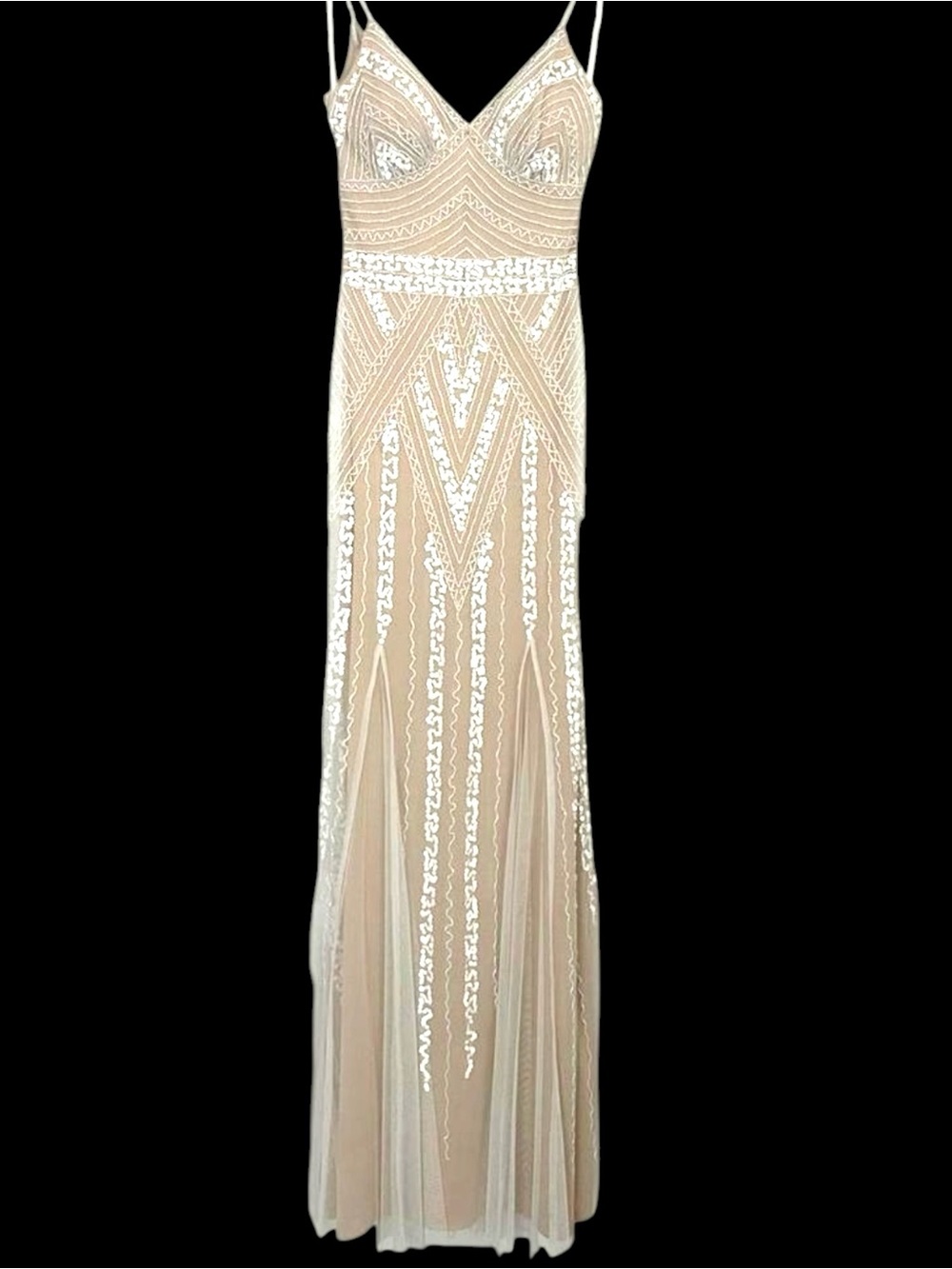 MARINA Beaded Spaghetti Strap Evening Gown - Champagne